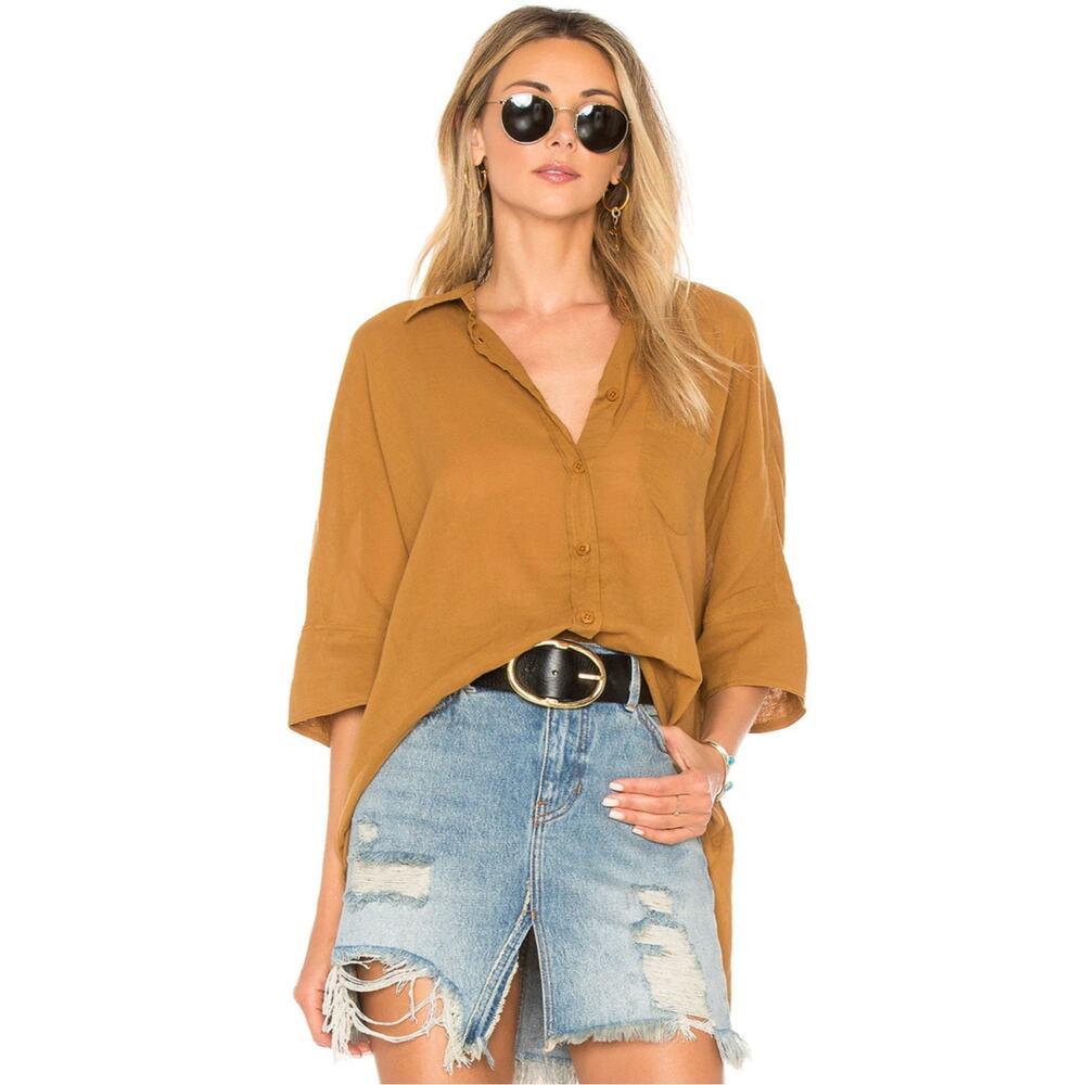 Free People Best Of Me Button Front Blouse Top in Bronze Raw Hem Size XS